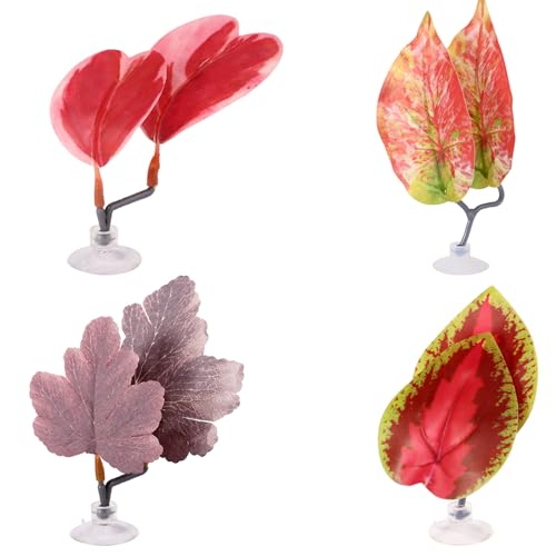 4pcs Betta Leaf Hammock, 4 Styles Adjustable Plastic Betta Bed Resting Spot Small Fish Tank Decor Decoration Accessories with Suction Cup & Bracket for Aquarium Four-Eyed Silk Fish Guppy to Rest (Red)