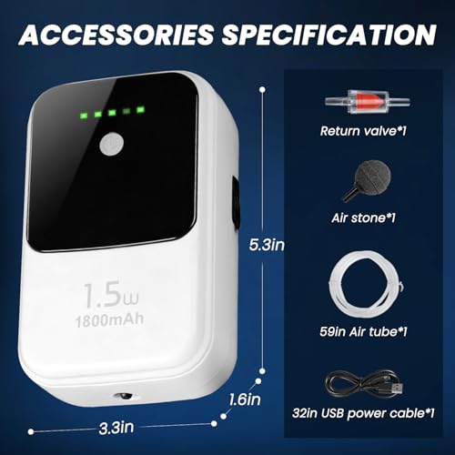 Live Bait Aerator Silent Dual Operating Mode Rechargeable Aerator for Fish, Large Capacity Aquarium Air Pump with Universal Clip for Most Bait Buckets - size: 1.5W 1800mAh(1 hoses)