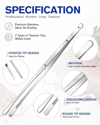 2 Pcs 12-Inch Kitchen Tweezers Fine Tweezer Tongs, Stainless Steel Professional Long Cooking Tweezers for BBQ, Sea Food, Repairing and Serving (SILVER) - color: Silver, size: 12 IN