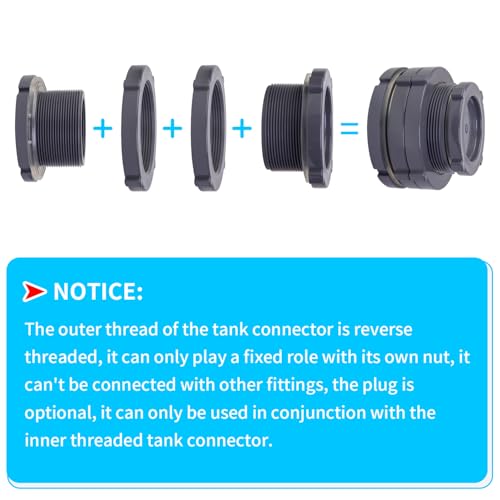 ChillWaves PVC Bulkhead Fitting 2-1/2" Double Thread Connector Adapter with Plugs for Water Tank, Aquariums, Rain barrels(1-PACK) - size: 2-1/2 INCH, style: Bulkhead Fitting + Plug