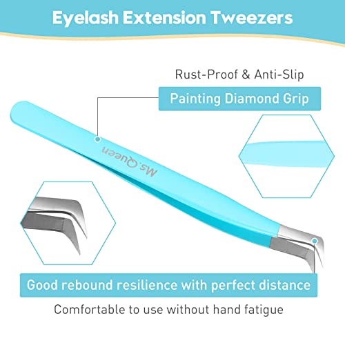 Ms.Queen Volume Lash Tweezers, Fiber Grip L-Angled Tips Boot Tweezers for Mega Volume Eyelash Extensions, Blue - style: Boot Tweezers