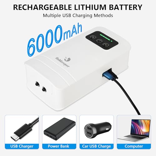 fishkeeper Battery Powered Aquarium Air Pump, USB Rechargeable Aerator Fish Tank Air Pump for 10-210 Gallons Portable Oxygen Pump for Outdoor Fishing, Power Outages and Emergency (6W 110GPH) - size: 6W-6000mAh (High-capacity)