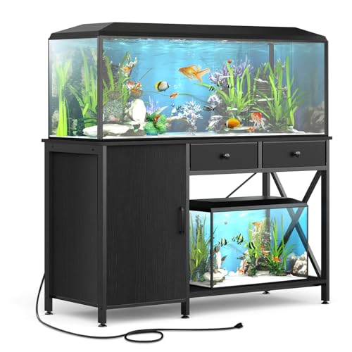 Fish Tank Stand for 55-75 Gallon Fish Tank: Aquarium Stand with Power Outlet - Metal 55 Gallon Tank Stand with Cabinet Drawer Storage for Turtle Tank, Reptile Terrarium (Black 1200LBS Capacity) - color: Blcak, size: 55-75 Gallon