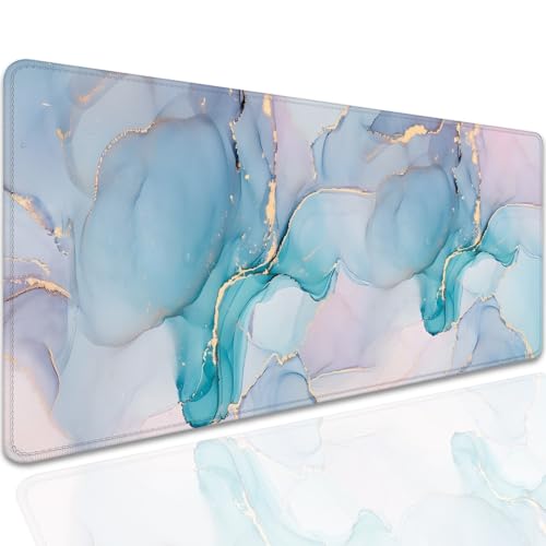 Cyan Blue Marble Desk Pad Mouse Pad,Large XL Mouse Mat with Stitched Edges,Non-Slip Rubber Base Mousepad for Office PC Keyboard Laptop and Home Work Desk Mat(27.5X11.8 in) - color: Light marble