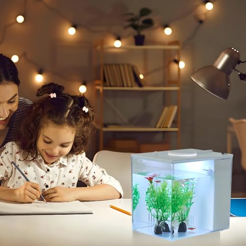 Mini Fish Tank Betta Aquarium Starter Kits Multifunctional Desktop LED Aquarium with Switch Button White, 1 Gallon - color: Pale white