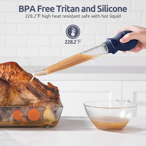 U-Taste 1.5oz Angled Turkey Baster - 228.2ºF Heat Resistant Food Grade Tritan and Silicone Large Octopus Bulb Baster Set with Cleaning Brush for Cooking Basting Meat Poultry Chicken (Midnight Blue) - color: Midnight Blue