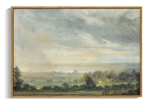OIQArtOIQ Vintage Framed Wall Art Pastoral Landscape Canvas Art Prints Rustic Farmhouse Pictures Wall Decor Modern Cottagecore Paintings Artwork For Bedroom Kitchen Bathroom Office Living Room - color: Cloudy Sky, size: 16x24 in