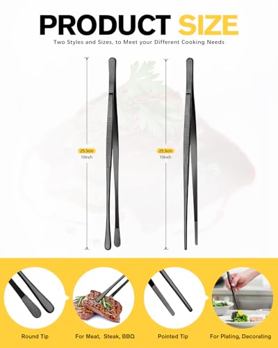 2 Pcs 10-Inch Kitchen Tweezers Fine Tweezer Tongs, Stainless Steel Professional Long Cooking Tweezers for BBQ, Sea Food, Repairing and Serving (BLACK) - color: Black, size: 10 IN