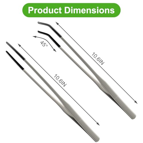 2 Pcs Extra Long Stainless Steel Reptile Feeding Tongs 10.6 IN with Soft Rubber Tip – Straight & Curved Tweezers for Bearded Dragon, Tank Accessories, Lizards, Terrarium, Aquarium, Leopard Gecko
