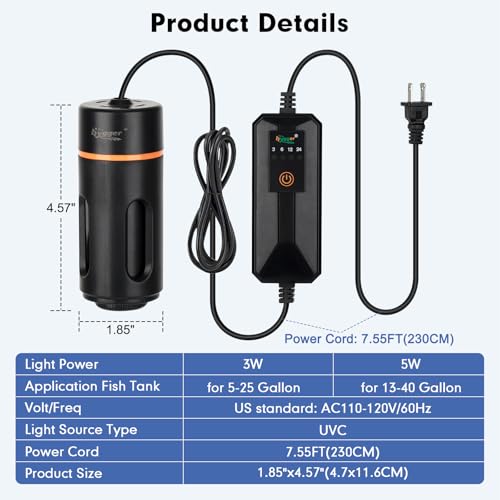hygger Aquarium U-V Light with Timer, 360° Protective Shield Clean Light for Green Water and Algae Clean, Mini Algae Control Lamp for Freshwater and Saltwater Tank (5W for 13-40 Gallon) - size: 5W for 13-40 Gallon