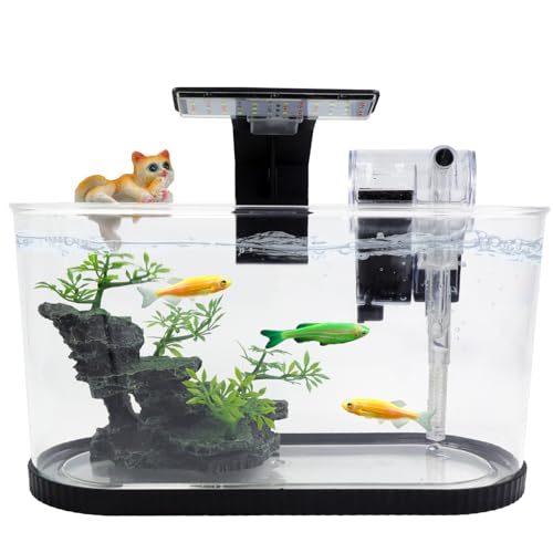 Fish Tank Kit, Small Aquarium Starter Tank with Filter and Light, Acrylic Nano Desktop Tank with Color-Changing LED & Decor - Complete Starter Kit for Betta Fish Shrimp Guppy Goldfish Beta - color: BLACK