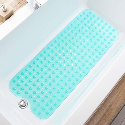 TEESHLY Bathtub Mats for Shower Tub, Extra Long Non-Slip 39 x 16 Inch Bath Mat with Drain Holes and Suction Cups, BathMat for Bathroom with Machine Washable (Clear Turquoise) - color: Clear Turquoise