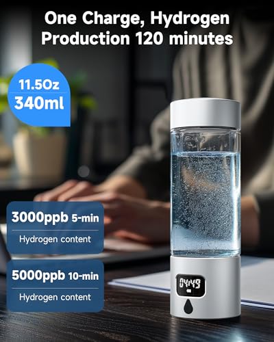 Hydrogen Water Bottle - Portable, Rechargeable, LED Timer, Aluminum and Glass, 5000 PPB Hydrogen in 10 Minutes, 340ml Capacity, for Husband, Friend & Family, for Travel, Sports, Home, Office(Silver) - color: Silver