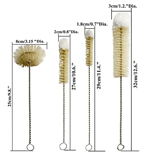 Bottle Brushes Thin Long Handle X 4, Skinny Wire Cleaner Set in Stainless Steel with Natural Boar Bristle at Wool Tip, Bendable Flexible for Cleaning Narrow Neck Bottles, Pipe, Tube, Hose