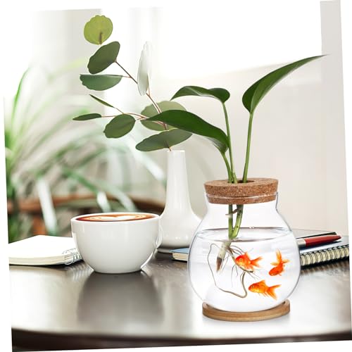 BESPORTBLE Desktop Hydroponic Glass Fish Tank with Lid and Bamboo Mat Transparent Betta Fish Bowl for Home Decor and Aquatic Plants for Desktop Bookshelf