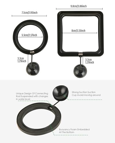 Fish Feeding Ring, 2 Pack Black Aquarium Floating Food Feeder Circle Small Round and Square with Flexible Lever Suitable and Suction Cup, Reduces Fish Feeder Waste and Maintains Water Quality