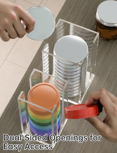 NiHome 2 PCS Acrylic Mason Jar Lid Organizer Rack, Dual Size Holder for Regular and Wide Mouth Lids, Vertical Storage Stand for Cabinet Kitchen Countertop and Pantry Organization (Clear)