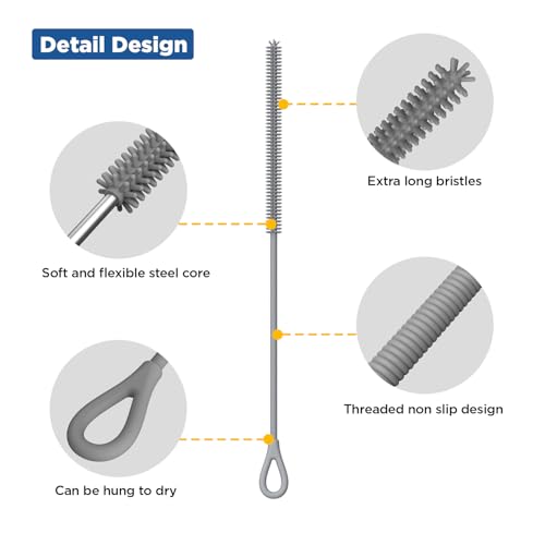 YOTIME Silicone Straw Cleaner Brush, 2Pcs Reusable Straw Brush Extra Long for Cleaning Tumbler with Handle and Glass Metal Smoothie Straws, Non-slip Handle Soft and Bendable, 6mm+9mm, Gray - color: Gray
