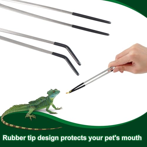 2PCS Stainless Steel Reptile Feeding Tongs with Rubber Tip, 10.6" Straight and Curved Long Tweezers Terrarium Aquascape Tools Feeder for Lizards, Bearded Dragon Snake Enclosure Tank Accessories