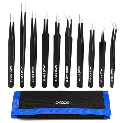 XOOL 10 PCS ESD Precision Tweezers Set, Anti-Static Stainless Steel Tweezers Kit for Electronics, Soldering, Craft, Jewelry, Model Building, Beauty - size: ESD Tweezers 10 PCS