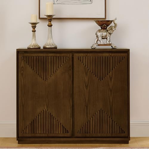 LKTART Buffet Cabinet Sideboard with Storage,Mid Century Modern Accent Credenza Cabinet with Doors & Shelves,Wood Coffee Bar Media Console Table for Kitchen, Living Room, Entryway-Brown Walnut - color: D- Brown Walnut, size: 1 Piece