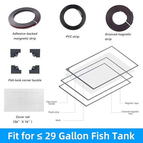 Fish Tank Lid Magnetic Aquarium Lid DIY Size Fish Tank Cover Anti-Jumping Net Soft and Strong Mesh Protect Fish Jumping Out Easy Installation Washable (Gray, 36''x16'' Fit for ≤29 Gallon) - size: 36''x16'' Fit for ≤29 gallon
