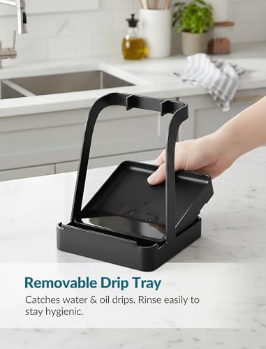 NiHome Big Pot Lid Holder and Spoon Rest with Removable Drip Tray – Black Iron Kitchen Counter Organizer for Cooking Utensils, Ladles, Spatulas, Cutting Boards & Cookware - color: Large Black, size: no diatomite