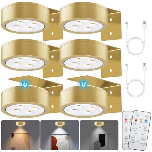 Picture Lights for Wall, 3 Lighting Modes Magnetic Art Display Light,Rechargeable Battery Operated Led Painting Light with Remote Control Dimmable & Timer,6Pack Gold - color: Gold, size: 6 Pack