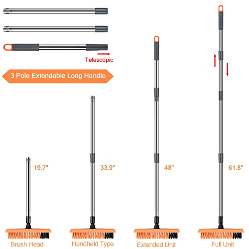 2 in 1 Floor Brush Scrubber with Long Handle Telescopic 3 Poles 61.8'' Grout Brush Scrape Stiff Bristle Cleaning Scrub Brush with Squeegee 180°Rotating Tile Brush for Cleaning Bathroom Glass Patio - color: Dark Orange Extended Pole