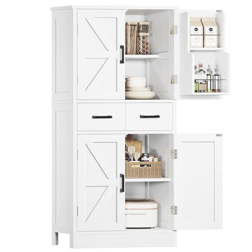TEENFON 53" H Pantry Cabinet with 2 Drawers, Kitchen Storage Cabinet with 4 Door Shelves, Kitchen Pantry for Living Room, Dining Room, Bathroom, White - color: White Door Shelves