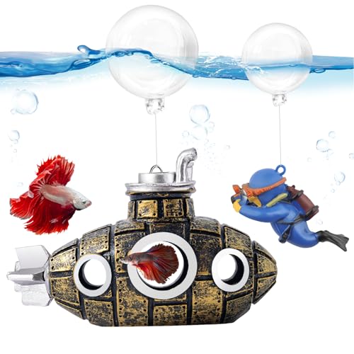 New Upgrade Floating Fish Tank Decoration, Cute Retro Submarine Set and Floating Diver,Three Float Balls, Aquarium Decorations Resinous Betta Fish Tank Accessories - color: Gilding