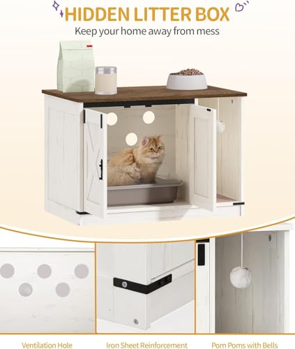 Hzuaneri Cat Litter Box Enclosure, Hidden Litter Box Cabinet Furniture with Bell, Indoor Cats House, Farmhouse Style, 31.5 x 19.7 x 20.9Inches, for Hallway, Bedroom, Rustic Brown and White CB82414X - color: Rustic Brown and White, size: 31.5"L x 19.7"W x