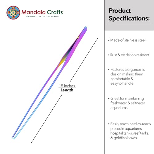 Mandala Crafts 15 Inches Rainbow Stainless Steel Straight Aquarium Tweezers for Aquatic Plants – Long Aquascape Forceps for Fish Tanks, Hospital Tanks, Goldfish Bowls, and Terrariums - color: Rainbow Straight Tweezers, size: 15 Inches