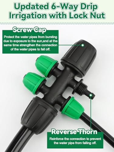 Kalolary 20PCS Locked Barbed Tee Connectors, 5/16" to 1/4" Drip Irrigation Fittings Kit 8/12mm to 4/7mm Tube Lock Female Connector 6-Way Barbed Lock Irrigation Parts for Watering System (Black Green) - color: Black Green 5/16" to 1/4" 6-Way
