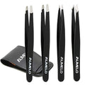 Tweezers Set 4-Piece Professional Stainless Steel Tweezers with Travel Case by Aumelo - Best Precision Eyebrow and Splinter Ingrown Hair Removal Tweezer Tip for Men & Women,Black - color: Black