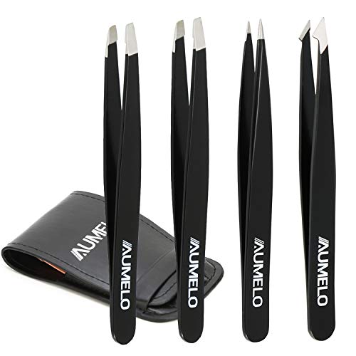 Tweezers Set 4-Piece Professional Stainless Steel Tweezers with Travel Case by Aumelo - Best Precision Eyebrow and Splinter Ingrown Hair Removal Tweezer Tip for Men & Women,Black - color: Black