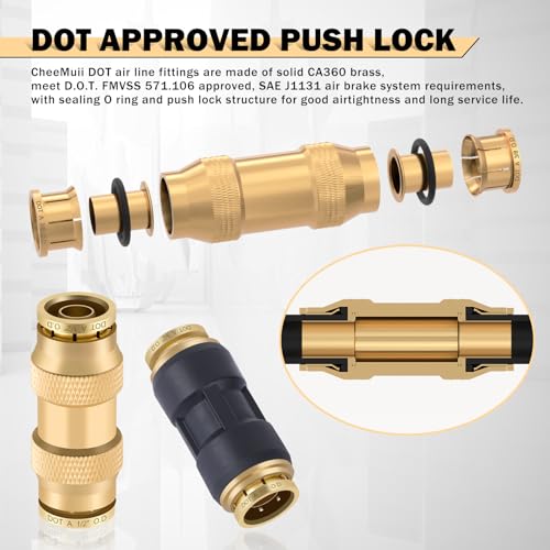 CheeMuii 80 PCS Brass DOT Air Line Fittings Kit DOT Push Lock and Compression Air Fitting Pure Brass Quick Connect Union 1/8" 1/4" 3/8" 1/2" Air Hose Fittings Assortment - color: Gold, size: 80 PCS