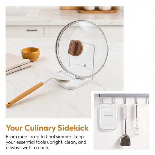 Pot Lid Holder with Spoon Rest for Stove Top, Foldable Kitchen Pot Lid Organizer for Countertop, Lid Holder While Cooking with Non-Slip Pads, White