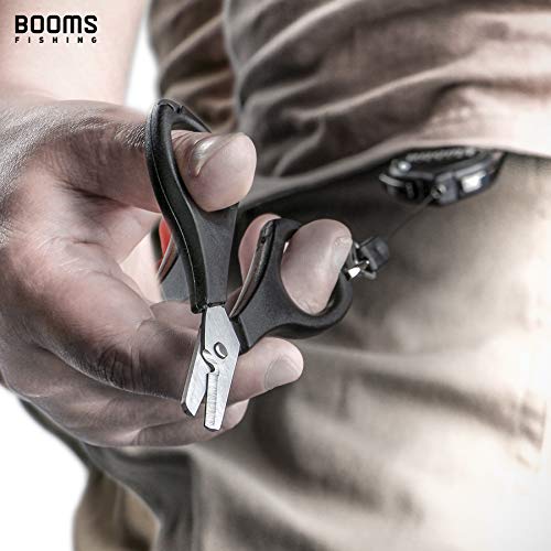 Booms Fishing S01 Fishing Scissors for Braided Line, Fishing Line Cutter Saltwater and Freshwater, Fishing Serrated Shears with Retractor, 3.9” Black