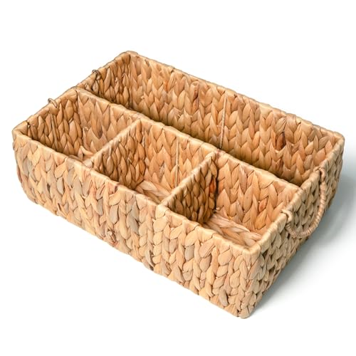KOKODO Divided Storage Basket Woven Natural Basket Hyacinth for Organizing Bathroom Kitchen Shelves Office Supplies Organization Everyday Wicker Storage Baskets 4 Section Rectangular Tray - color: Divided 4-section