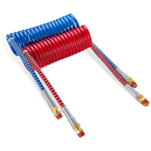 Air Brake Line Hose Coil Assembly Coiled Set 15 FT Air Lines Red Blue Hoses for Semi Truck Tractor Trailer,1/2" NPT DOT Fittings (15' Length x 12" Tractor Lead)
