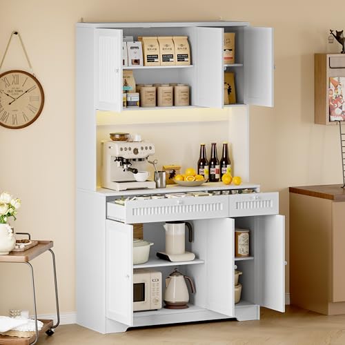 BORNOON Pantry Cabinet with Charging Station and Light, Tall Kitchen Pantry Storage Cabinet with Microwave Stand, Wide Fluted Kitchen Hutch with Storage Drawers and Adjustable Shelves for Dining Room - color: White, size: 6-Door