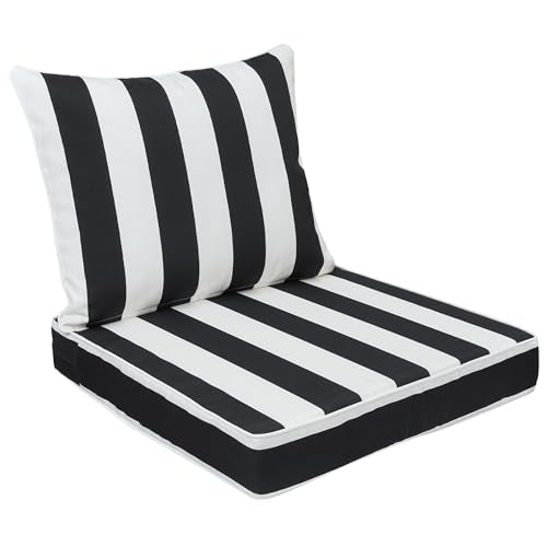 FUNHOME Outdoor Seat Cushion Set 24 x 24 x 4 Inch,Water Resistant Outdoor Chair Cushions for Patio Furniture,Thick Deep Seating Pads for Outside Chair Sofa Couch, Black White Stripe - color: Black White Stripe