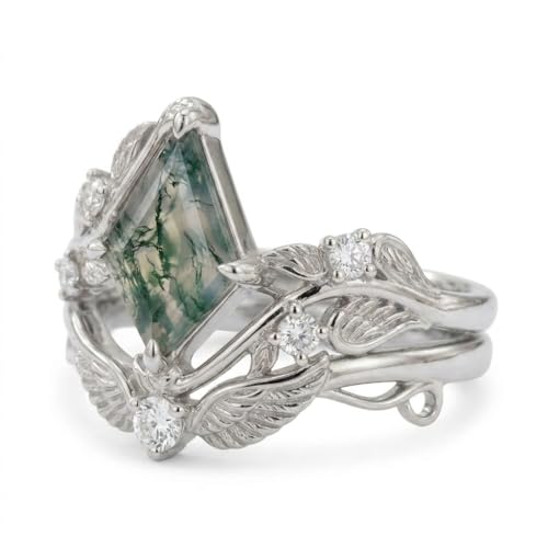 Natural Moss Agate Engagement Ring Set for Women, Unique Genuine Moss Agate Ring, 925 Sterling Silver 10K 14K 18K Solid Gold Nature Inspired Bridal Set, Boho Wedding Jewelry Gift - color: Eight