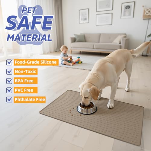 Large Dog Mats for Food and Water, 40"x30" Waterproof Pet Food Mats for Floor Nonslip Silicone Bowl Mats with Raised Edges - color: Light Brown, size: 40"L x 30"W