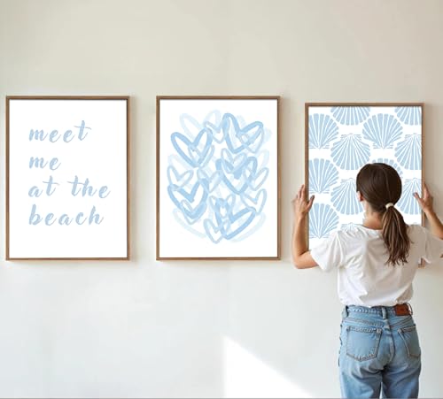 Gschupy Beach Theme Wall Art Set of 6, Light Blue Coastal Canvas Prints with Starfish、Seashell、Palm Tree, Unframed Beach Wall Decor Posters for Apartment Dormitory Coastal Home Decoration 12x16inch - color: Blue Heart Graffiti, size: 12x16in