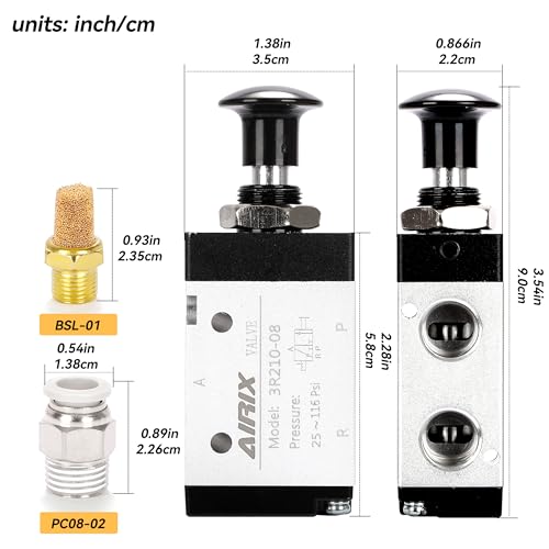 3R210-08 Pneumatic Push-Pull Valve, 3 Way 2 Position Hand Lever Air Control Valve, 1/4" NPT Manual Direct Acting Type for Pneumatic System - size: 1/4'' NPT, style: 3 Way 2 Position
