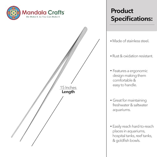 Mandala Crafts 15 Inches Silver Stainless Steel Straight Aquarium Tweezers for Aquatic Plants – Long Aquascape Forceps for Fish Tanks, Hospital Tanks, Goldfish Bowls, and Terrariums - color: Stainless Steel Straight Tweezers, size: 15 Inches