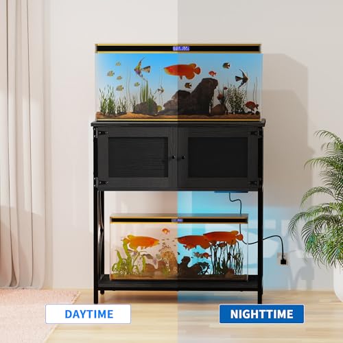 20-29 Gallon Aquarium Stand with Power Outlets & Cabinet Storage | 330lbs Capacity Metal Frame, Cabinet Storage, 30.7"x15.7" Tabletop, Fits Fish Tanks & Reptile Terrariums, Black - color: Black