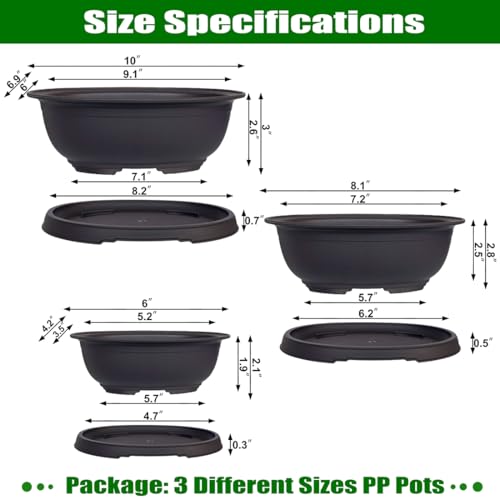 MUZHI 3 Pack Mixed Size Oval Bonsai Planter Pot with Drainage Tray, Matte Finish Ellipse Plastic Bonsai Succulent Growing Pot for Home Garden Plant Container 9.1” 7.2” 5.2” - size: 5.2" / 7.2" / 9.1" Mixed